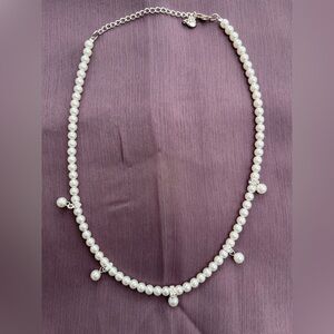 Classic Pearl Drop w/Rhinestone Necklace - White Pearls